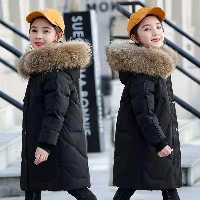 Winter Warm Girl Down Jacket 3-14 Years Old Long Big Fur Collar Detachable Hat Hooded Jacket