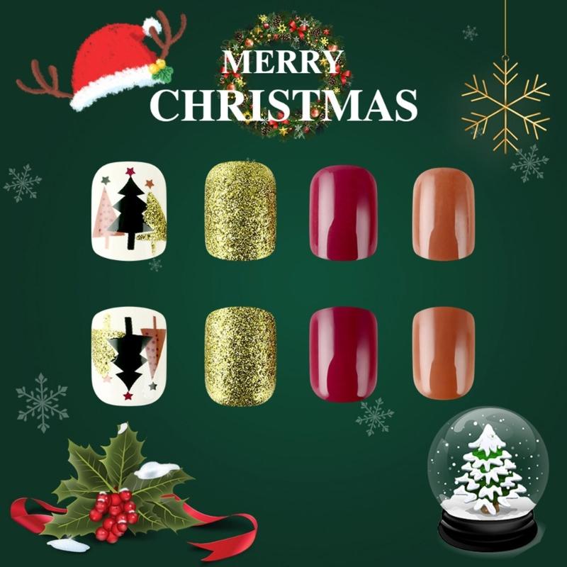 24 Pcs Full Cover Stick on Nails Christmas Press On Nails Artificial Nails Short False Nails with Christmas Tree Designs