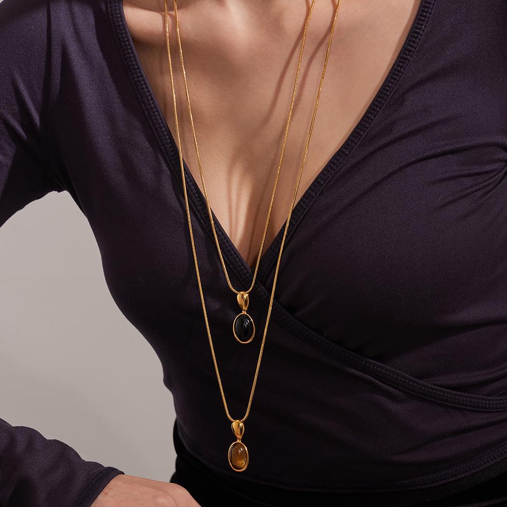 Fashion Agate Pendant Adjustable Long Sweater Chain - Simple Stainless Steel Design