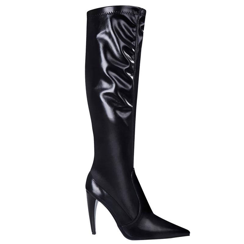Moda FHC 10cm Zakrzywiony Obcas Damskie Kozaki do Kolan, Lakierowana Skóra Długie Botki Męskie Cross-dressing Buty Cosplay, Czarne, Kolory na Zamówienie