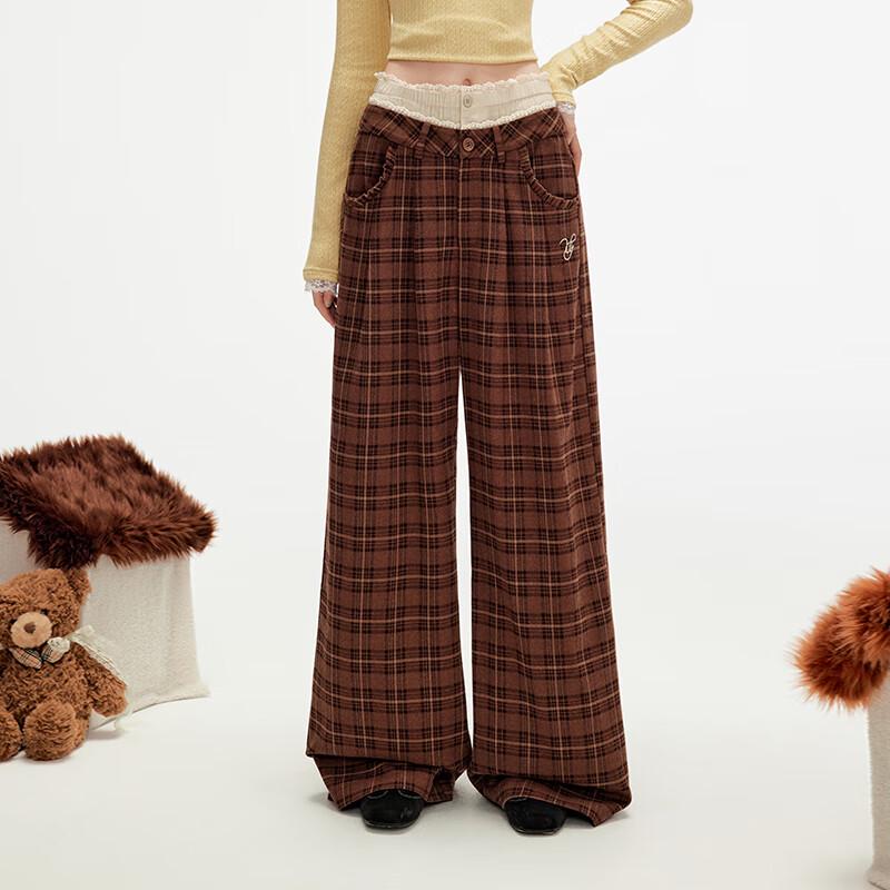unifree Brushed Plaid Faux Two-Piece Straight-Leg Trousers