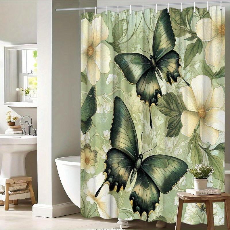 1pc Shower Curtain - Elegant Butterflies and White Flowers Design for a Serene Bathroom Waterproof