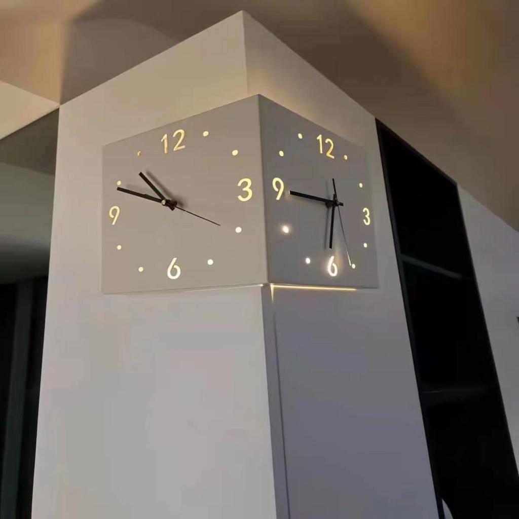 Automatic Induction Lamp Corner Wall Clock Steel Sun Corner Double-sided Wall Clock Digital Hollow Mute Free Punching