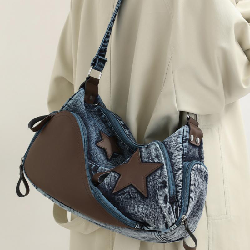 Women'S Shoulder Bag Ladies Large Capacity Denim Shoulder Crossbody Bag Leisure Commuting Handbag Star Tote Bag