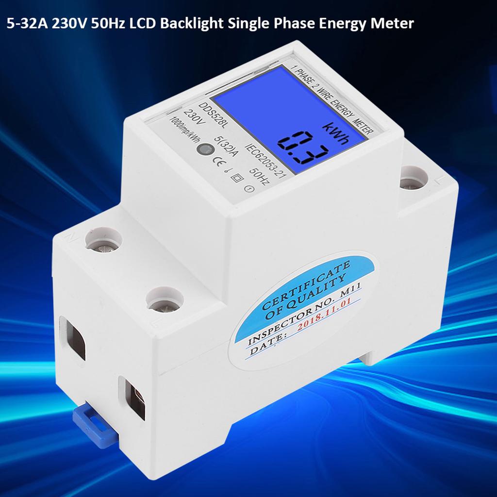 5 32A 230V 50Hz LCD Backlight Single Phase Energy Meter Watt KWh Meter DIN Rail Mounting
