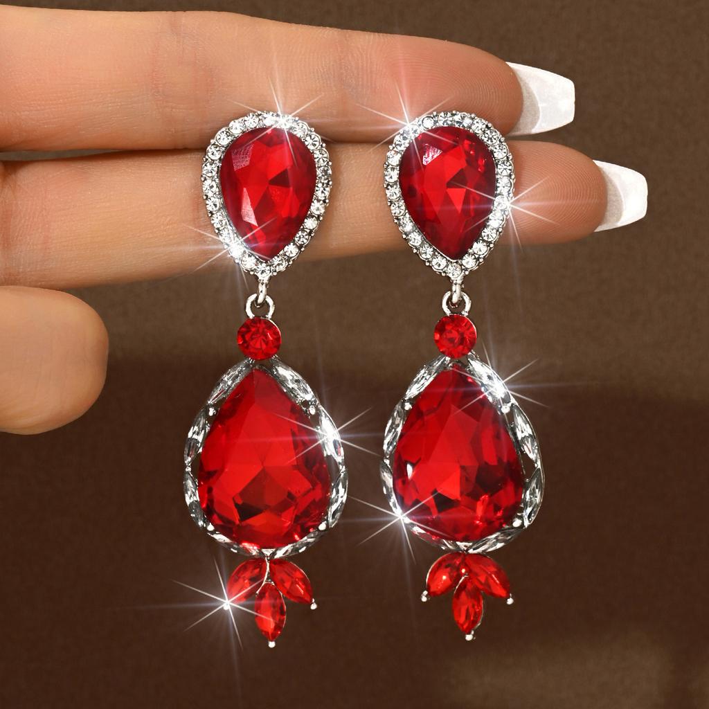 Square Big Red Festive Earrings Wedding High-End Sense Rhinestone Earrings Pendant Temperament Women'S Earrings