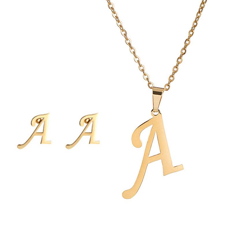 Fashion Stainless Steel A-Z Alphabet Initial Necklace 26 English Letter Earrings Necklace For Women Set Personalize Jewelry Gift CLE