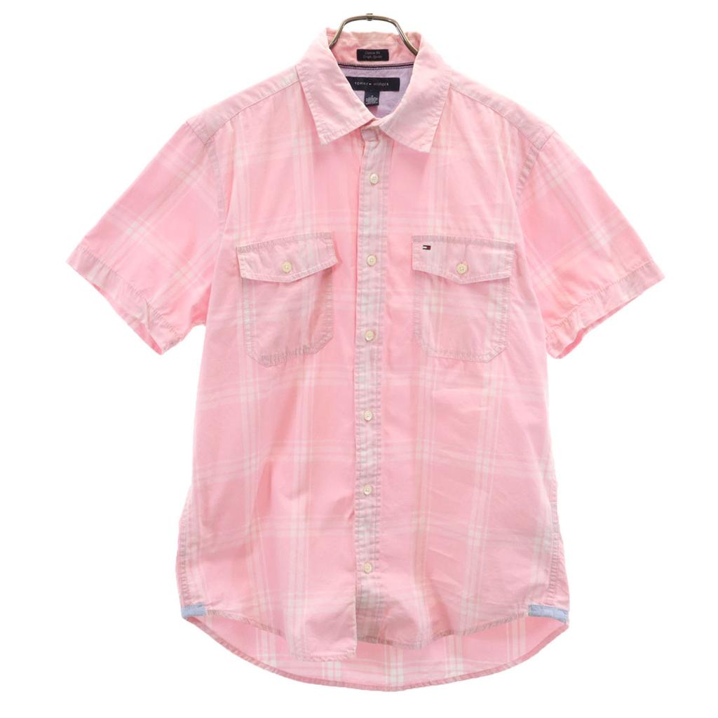 Tommy Hilfiger Check Pattern Short Sleeve Custom Fit Cotton Shirt M Pink Men's Used