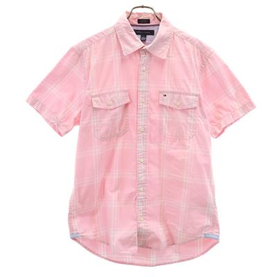 Koszula bawełniana w kratę z krótkim rękawem o kroju custom fit M różowa Męska Używana