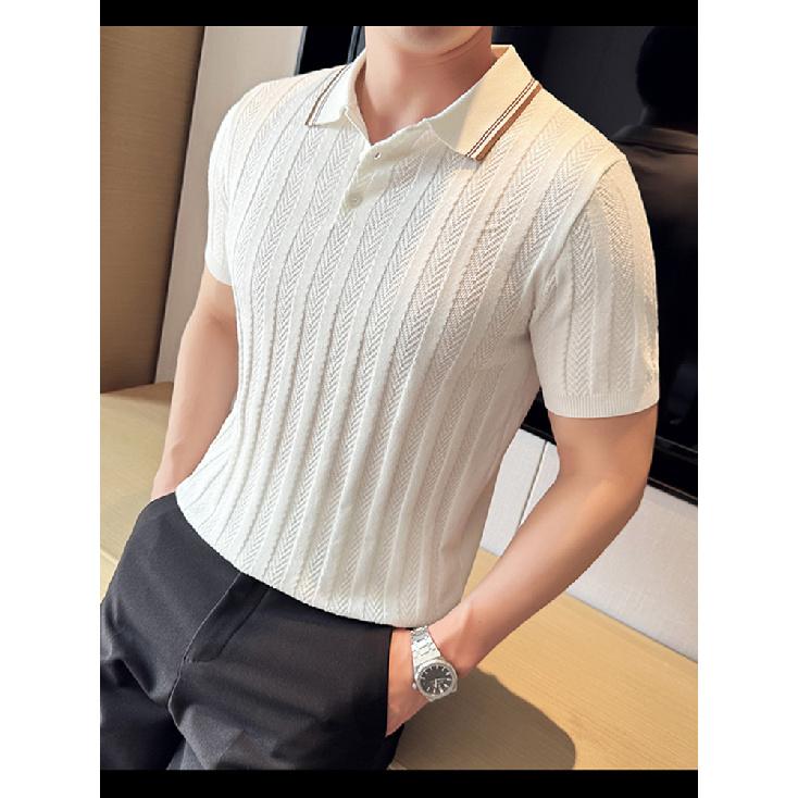 American Style Half-Zip Mercerized Cotton Ice Silk Polo Shirt Men High-End Striped Slim Fit Short Sleeve Sweatshirt Turn-Down Collar Workwear T-Shirt