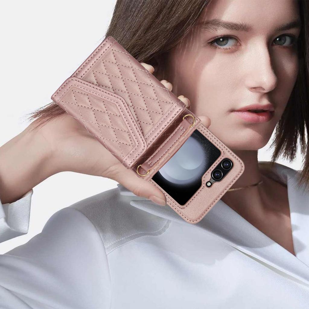 Crossbody Cards Solt Wallet Leather Case For Samsung Galaxy Z Flip 7 6 5 4 Flip5 RFID Lanyard Bag Diamond Shoulder Straps Cover