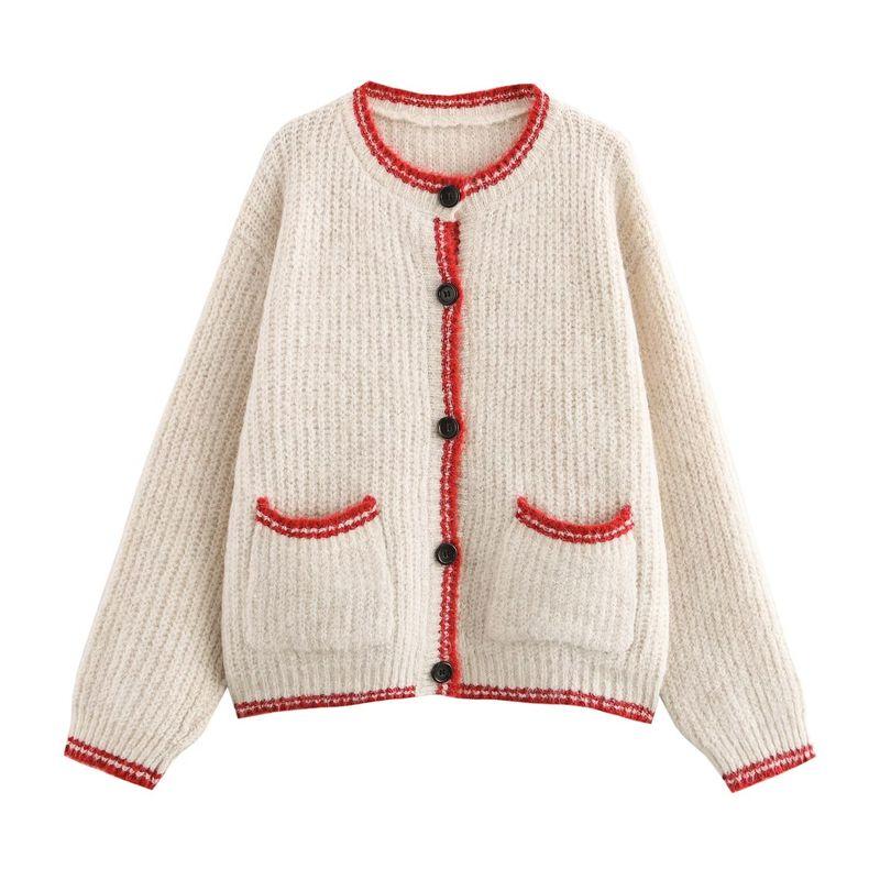 Kaslead New Arrival Women's Clothing Fashion Style Minimalist Retro Color-Block Crew Neck Knitting Cardigan Outerwear Top
