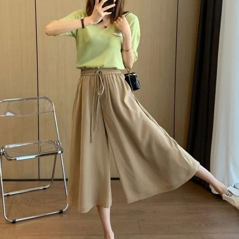 

Женские капри с широкими штанинами, с высокой посадкой, однотонные, летние, тонкие, эластичные, модные, на кулиске, повседневные, с карманами, с вставками L хаки