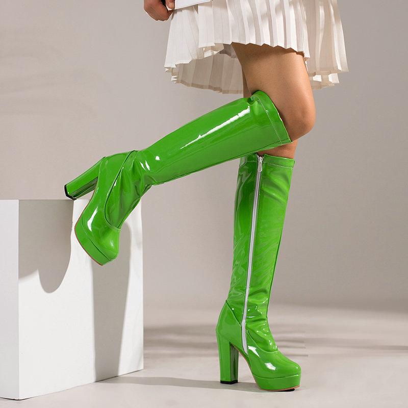Piele PU Lac Portocaliu Galben Verde Pantofi Sexy Marimea Plus 47 48 Platformă Vestică Tocuri înalte cu tocuri înalte Cizme elastice până la genunchi.