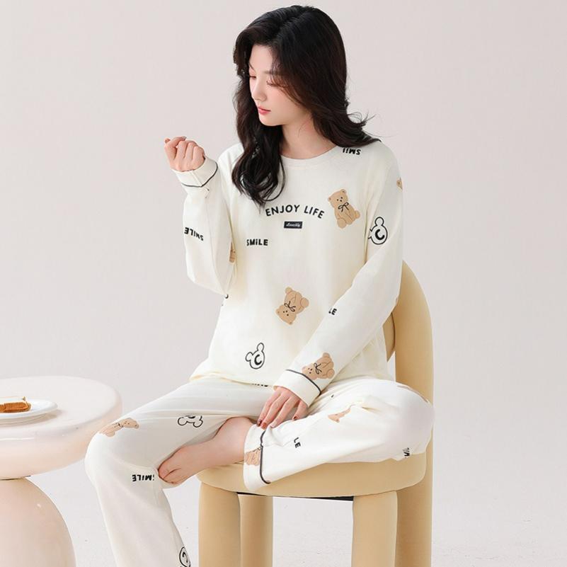 Pure Cotton Pajamas Women's Autumn Long-sleeved with Chest Pads Women's Casual Loose Large Size Cotton Home Service Suit