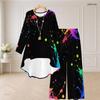 Women Plus Size Black Gold Printed Round Neck Long Sleeve High Low Top Wide Leg Pants Two Piece Set