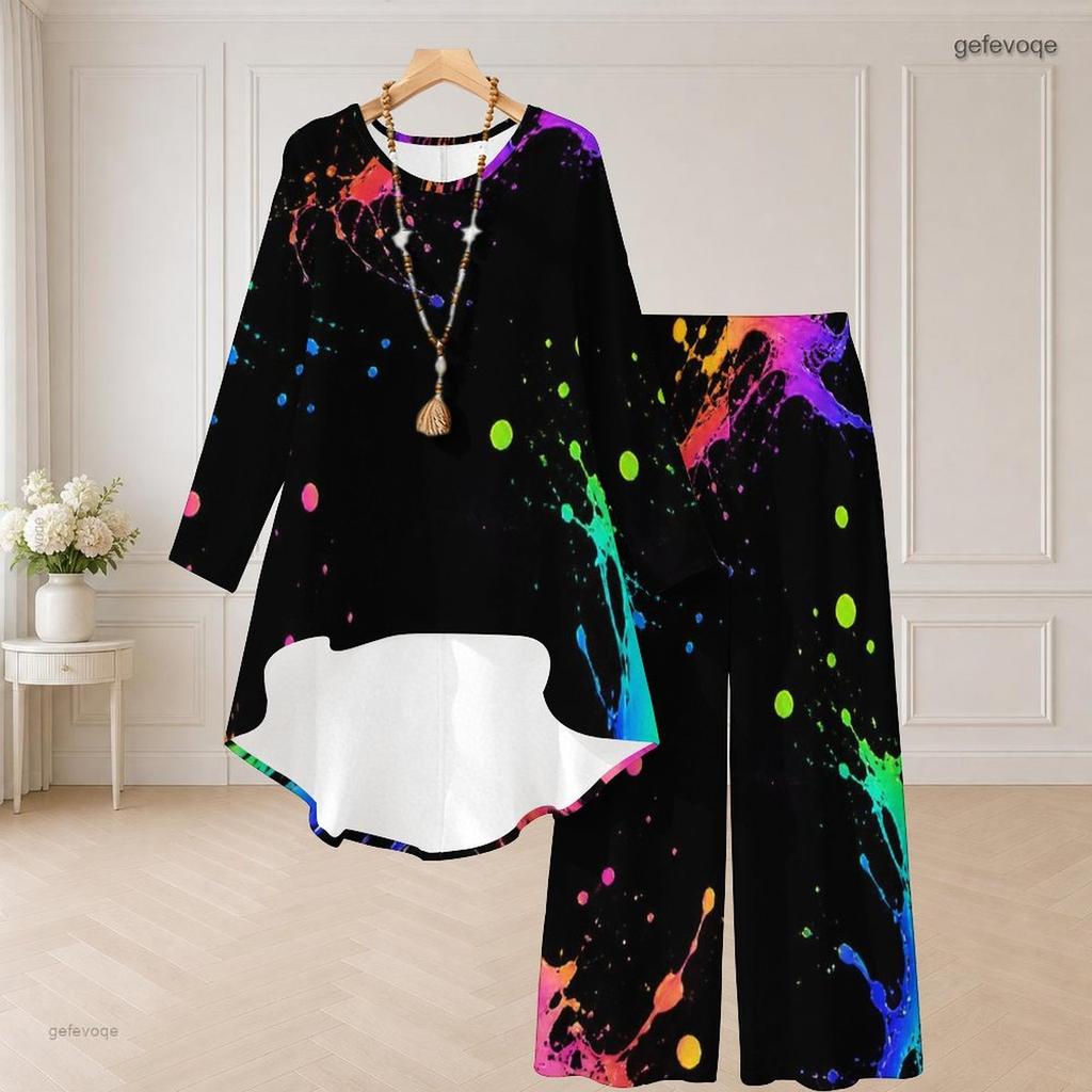 Women Plus Size Black Gold Printed Round Neck Long Sleeve High Low Top Wide Leg Pants Two Piece Set