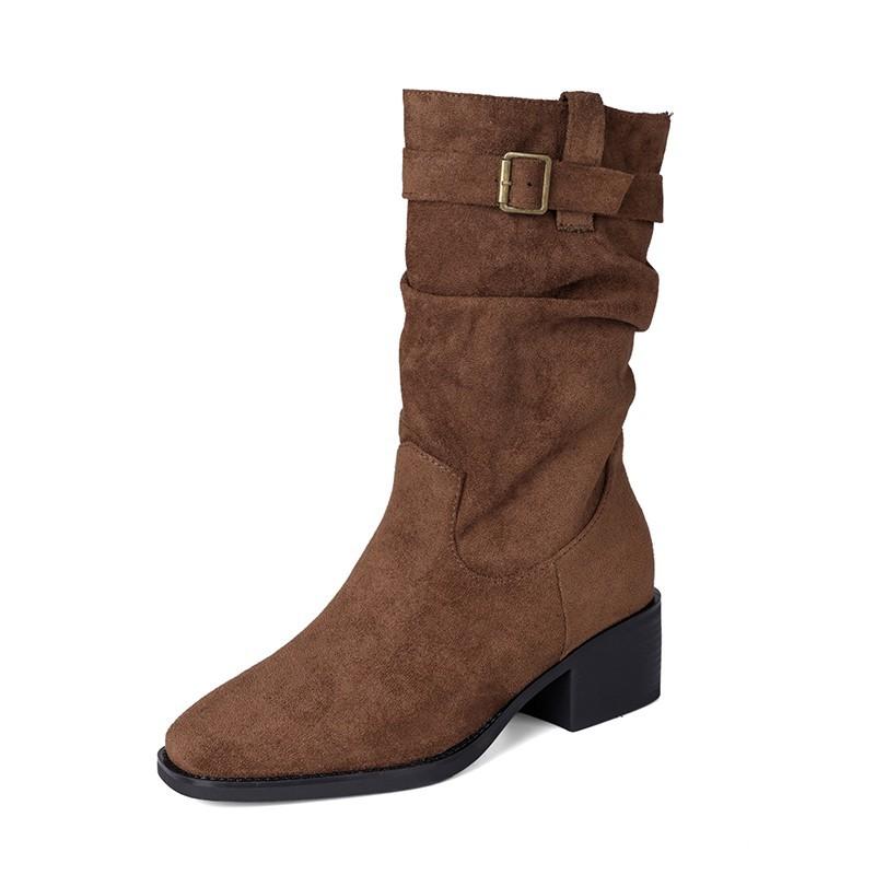 Vintage Suede Versatile Coarse Heel Maillard Medium Boots Autumn and Winter New Pile Boots Short Boots Western Martin Boots