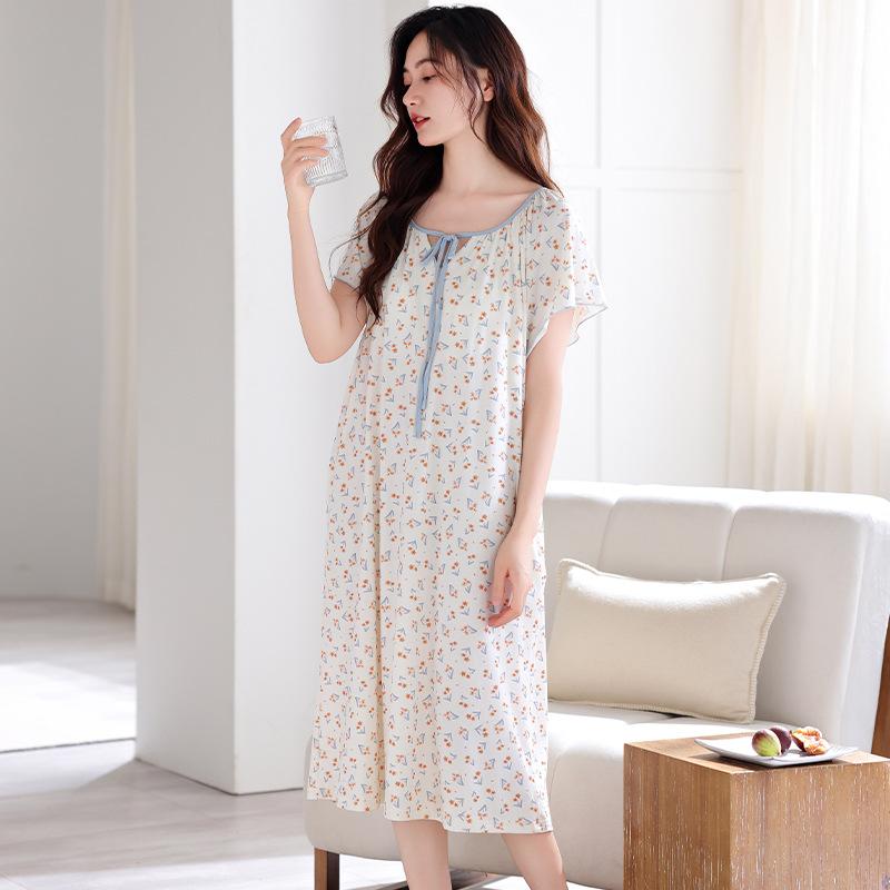 Pajamas Women's Summer with Chest Pads Short Sleeves Cotton Pajamas Skirts Long Summer Thin Maternity Large Size Dresses