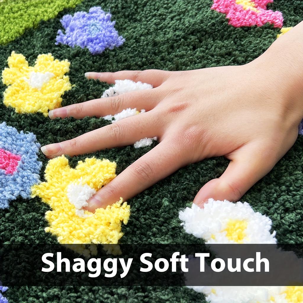 Ultra-Soft Moss Runner Rug - Non-Slip, Absorbent, Aesthetic Decorative Bath Mat with Shaggy Tufted Flower Design, Extra Long Polyester & PVC Backing