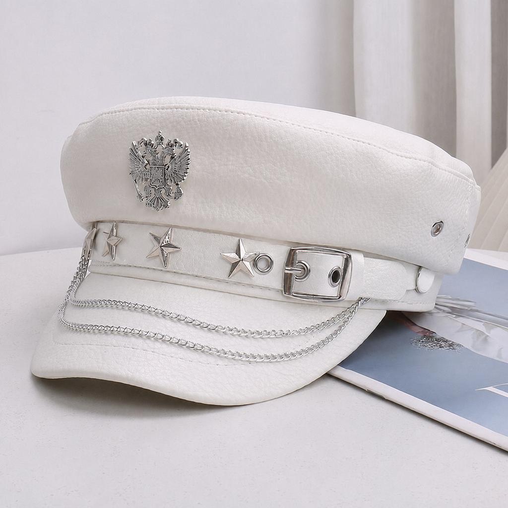 Punk Stil Flache Kappe Herren und Damen Persönlichkeit Leder Lange Nieten Leopardenmuster Silberne Kappe
