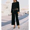 Round Neck Long Sleeve Double Placket Blazers 8372449 High Waist Straight With Chain Belt Ankle Pants 8372249