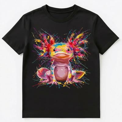 Camiseta Gráfica Unisex de Axolote Lindo con Salpicaduras de Pintura Coloridas