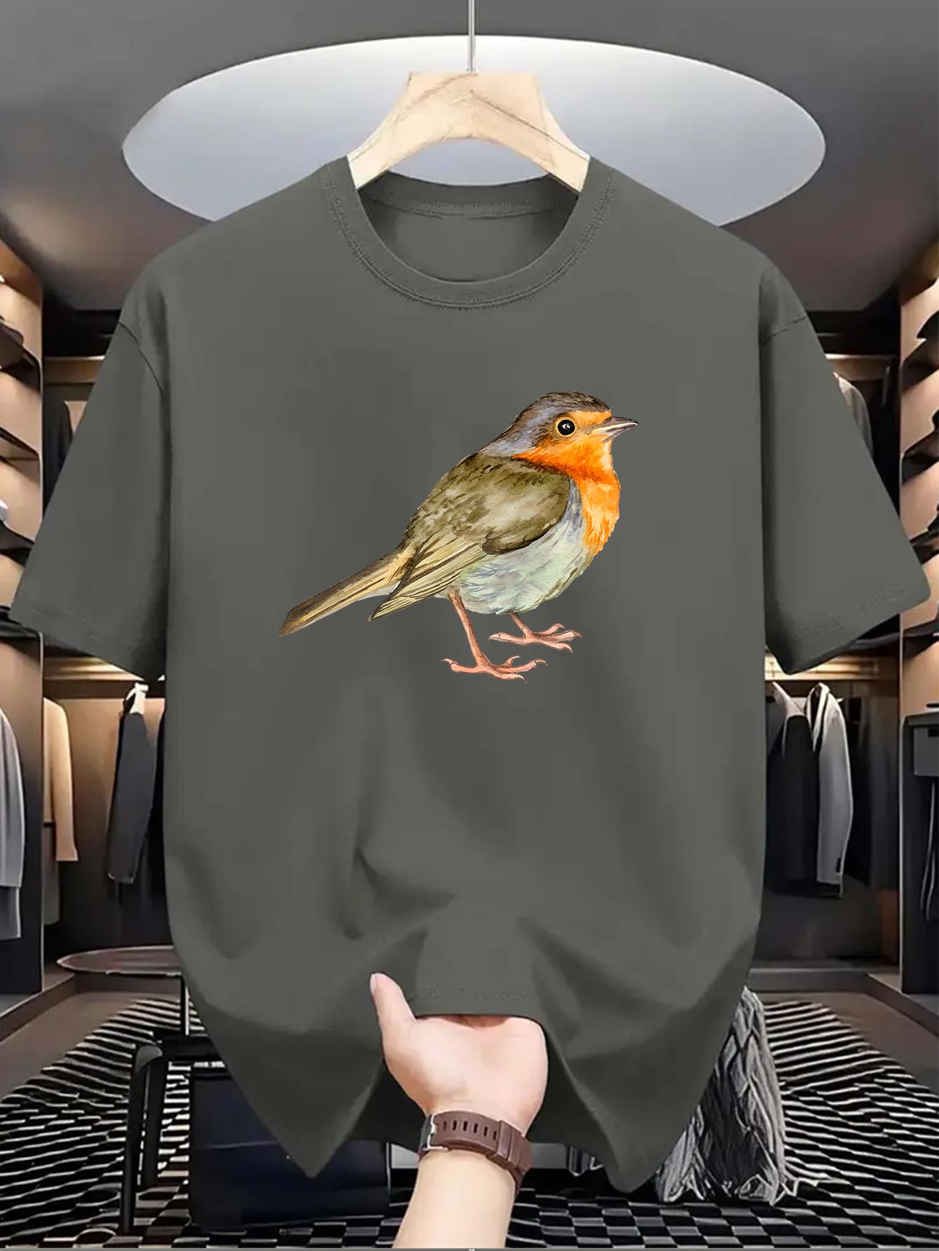 [Everyday Comfort] Men s Lightweight Polyester Summer Tee with Robin Print - Casual Round Neck XXXL