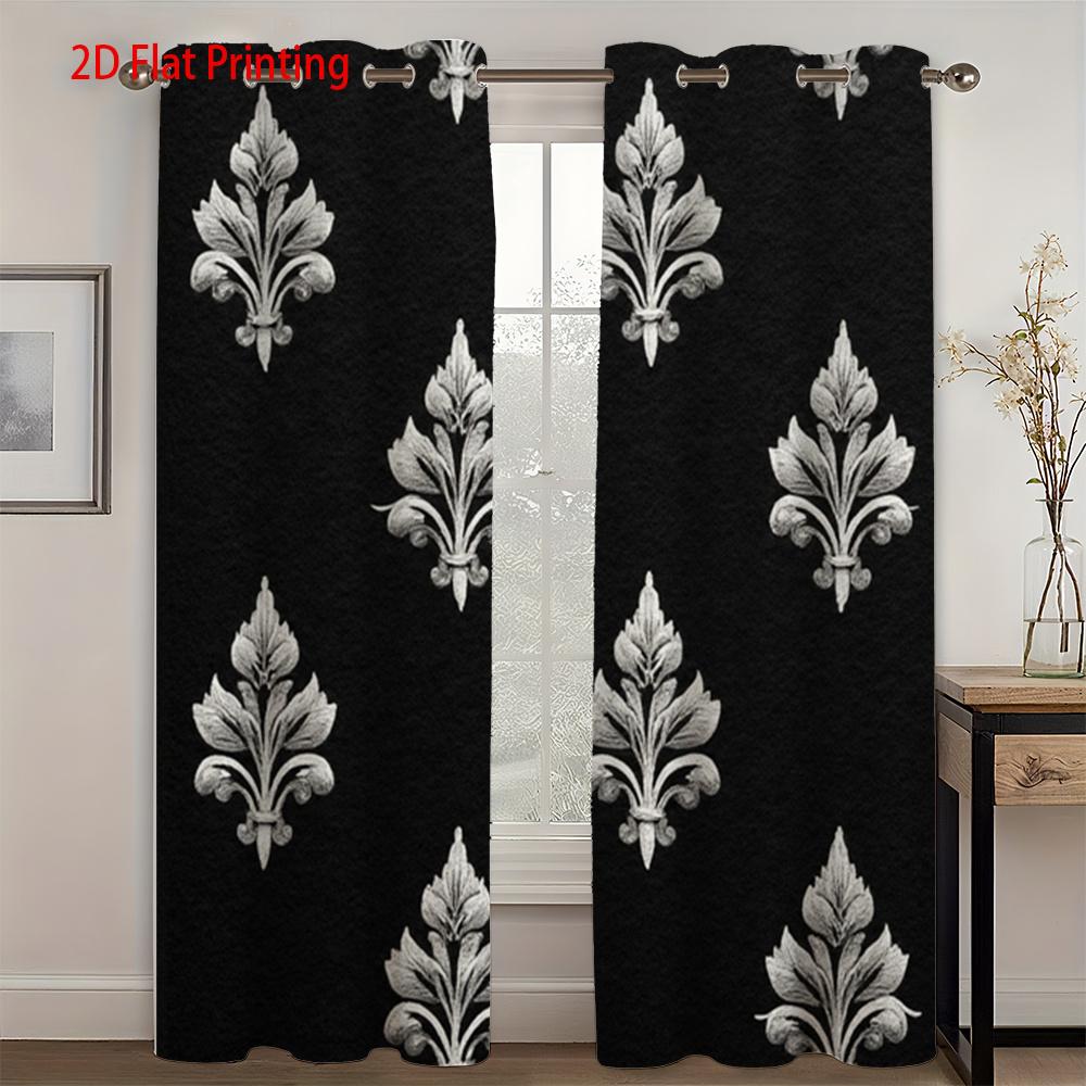 2D Flat   2pcs   2D Flat Printing Curtains Black Background Silvery Fleur De Lis Pattern   Punched Lace Fabric Material for Home