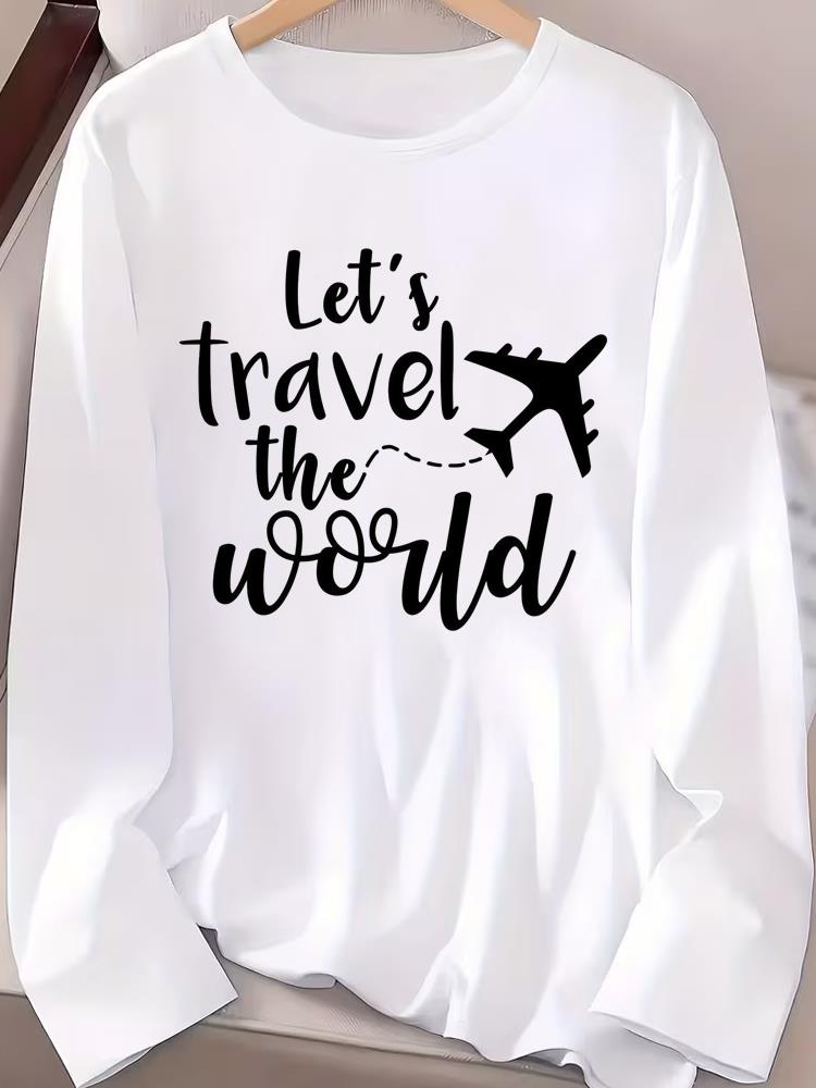 (Asian Size) Letter Cute Autumn Winter Spring Women Female Clothing Casual Tee Lady Printed O-neck Long Sleeve T Shirt  Fashion Top Graphic T-shirts