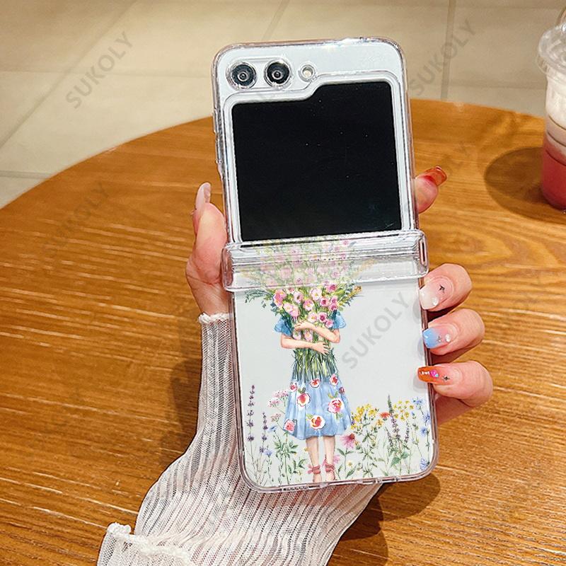 

Прозрачный складной чехол для телефона с цветочным принтом для Samsung Galaxy Z Flip 6 5 4 3 Твердый чехол для Samsung Galaxy Z Flip6 Flip5 Flip4 For Galaxy Z Flip 5