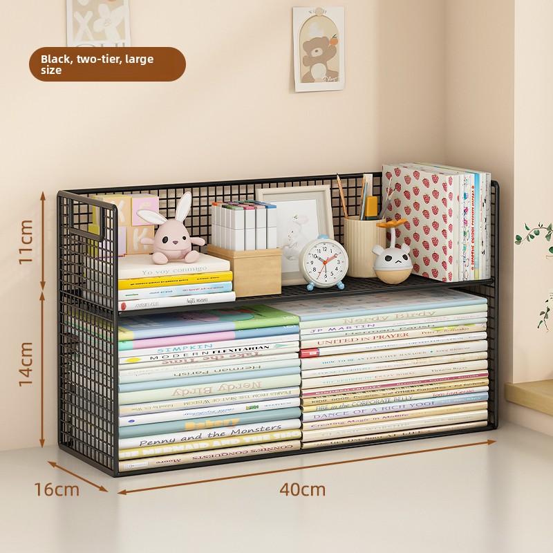 Dense Mesh Iron-Wood Multi-Tier Desktop Organizer Office Storage Rack Ventilated Space-Saving Multi-Function File Holder Shelf