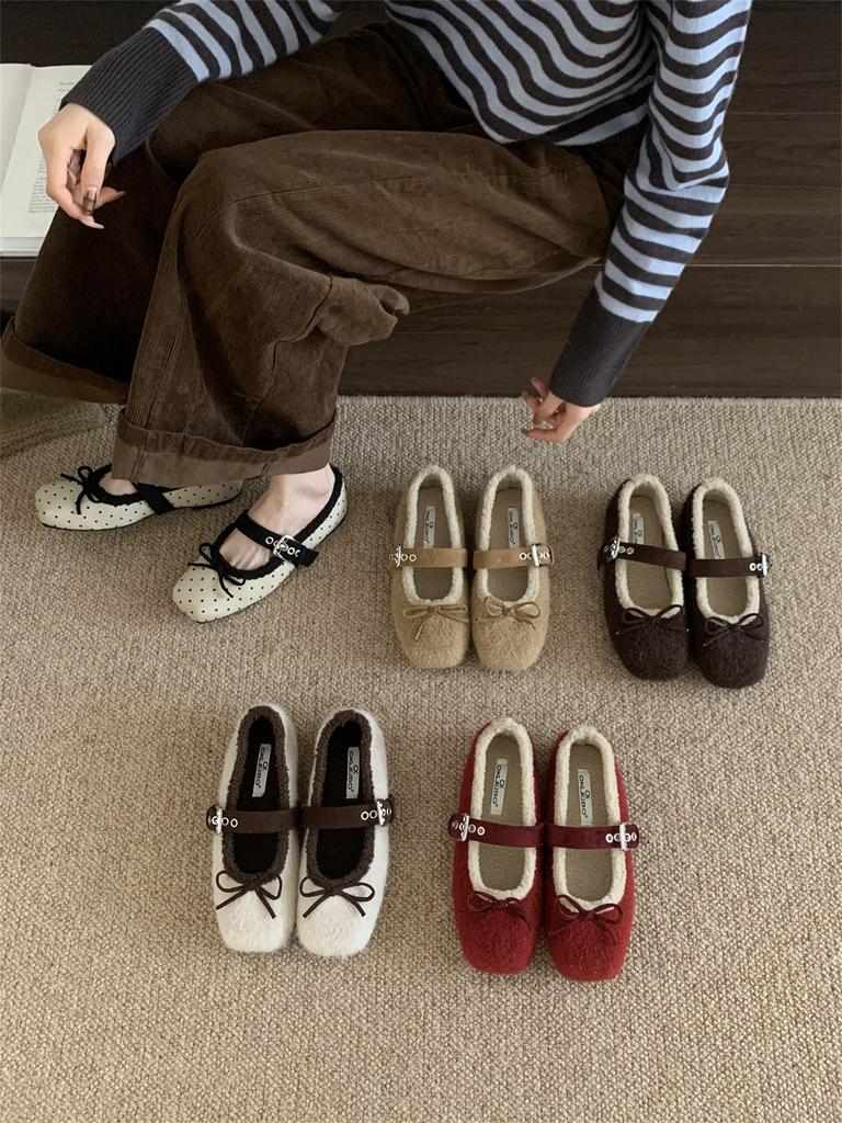 French Bow Huge Good-looking Super Fire Fluffy Winter Shoes Mary Jane Single Shoes Fluffy Shoes Women Wear Velvet