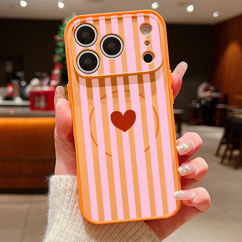 Stripe Heart Pattern Case For iPhone 17 18 Pro Max For iPhone 16 15 14 13 Pro Max Magnetic For Magsafe Skin Feel Hybrid Phone Cover