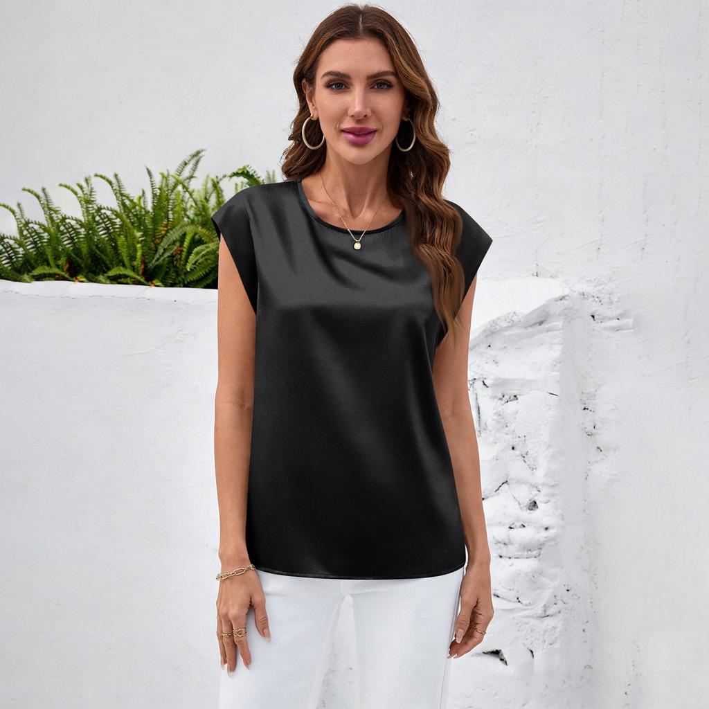 Dámská saténová halenka Letní košile Kulatý výstřih Tílko Volný střih Business Casual Top