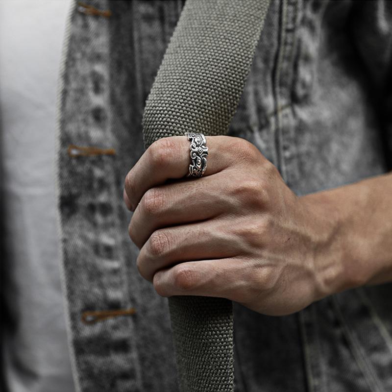 Retro Taotie Chinese Mythology Ring For Men Punk Gothic Rock Hiphop Open Ring Handmade Designer Zircon Accessories Unisex Gift