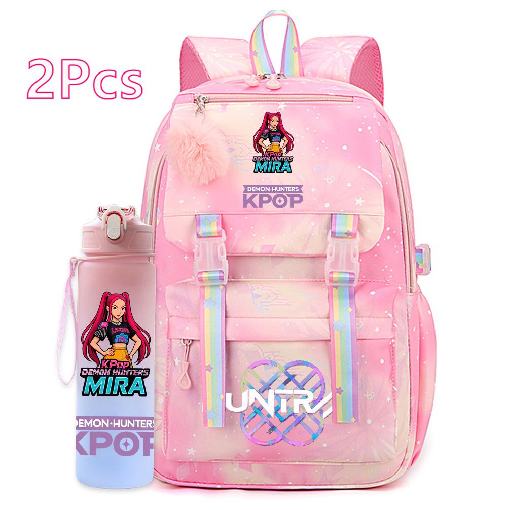 2Pcs/set Anime Cartoon Kpop Printed Backpack with 750Ml Water Bottler Large Capacity Travel Bag for Teenager Girl Boy Bookbag Kid Gift Rucksak