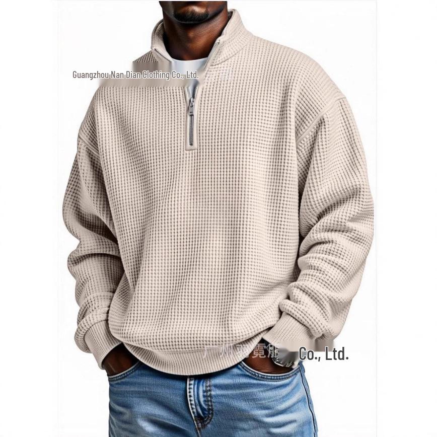 Men's European Style Waffle Knit High Collar Half-Zip Hoodie