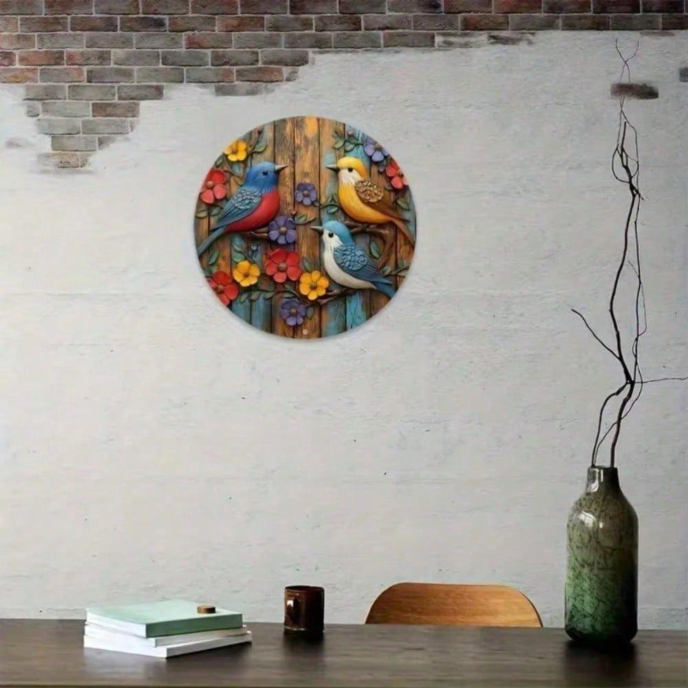 Vintage Metal Tin Sign 20x20 cm Round Wall Art Bird Flower Decoration for Living Room