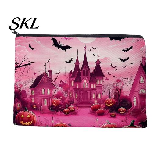 Spill Proof Stationery Holder Storage Bag, with Halloween Pumpkin Ghost Print, Smooth Themed Travel Bag Zipper Canvas Makeup for Cosmetic Organizer