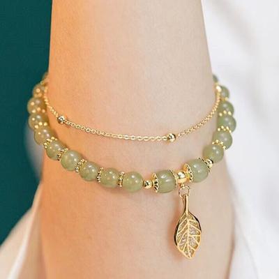 Damen Armband Faux Jade Glatte Perle Blatt Erdnuss Anhänger Viel Glück Verstellbar