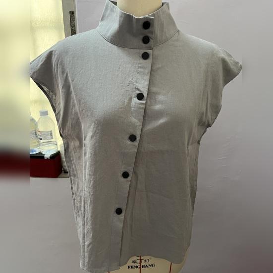 Col Montant Manches Courtes Raglan Chemise Femme Patte de Boutonnage Diagonale Manches Courtes Été Fine Couleur Unie Lâche T-shirt Top Streetwear