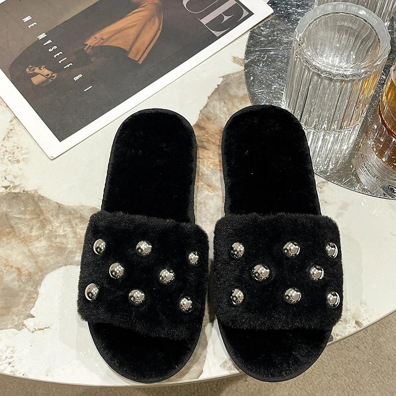 Flat Fluffy Fur Slippers Women Solid Warm Furry Slippers Women Winter House Flip Flops Home Rivet Slides Flat Indoor Floor Shoes