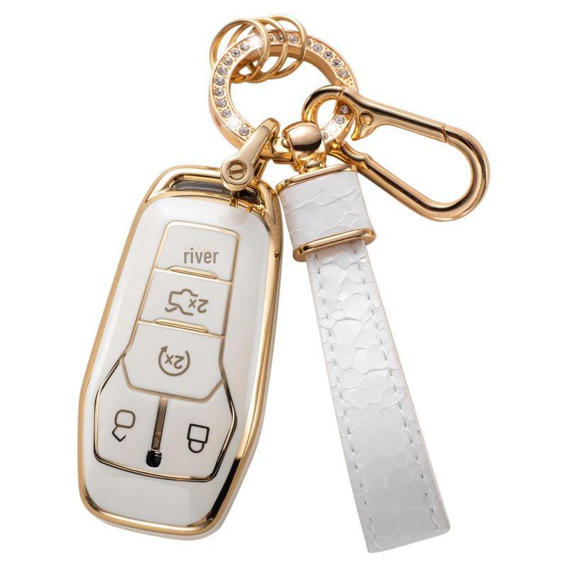 Autoschlüsselabdeckung mit goldenem Rand und Steinmuster, mit Schlüsselanhänger