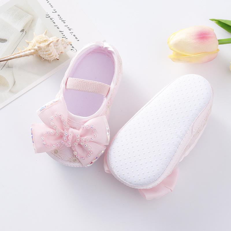Baby Girl Rhinestone Bow Crib Shoes & Matching Elastic Headband Set, Soft Dot Anti-Slip Sole Floral Mary Jane Princess Shoes