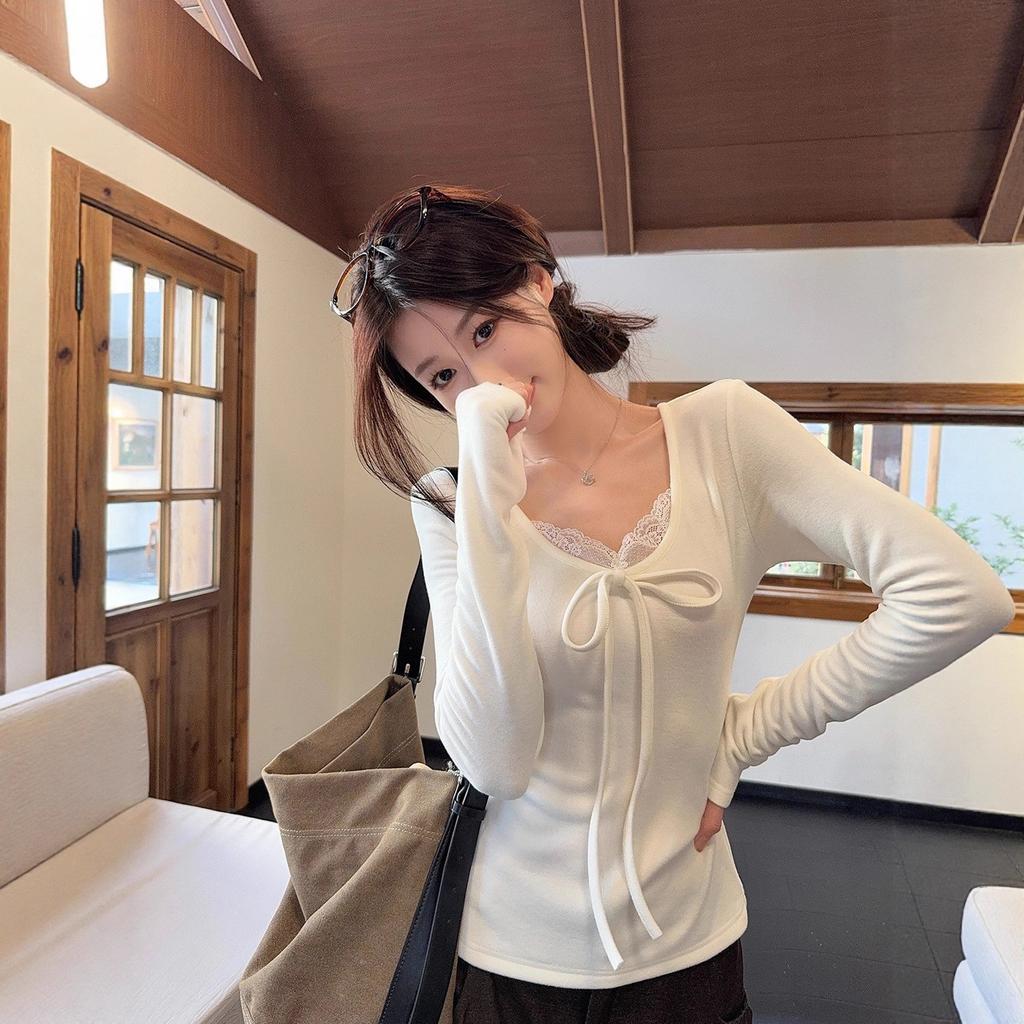 Korean White Lace V-neck Undershirt T-shirt Women's Autumn and Winter Design Sense Slim-fitting Long-sleeved Undershirt