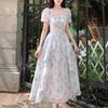 First Love Floral Chiffon Dress - Romantic Square Neck, Elegant Waist-Cinched, Slimming Design, Plus Size Fairy Summer Long Dress for Women