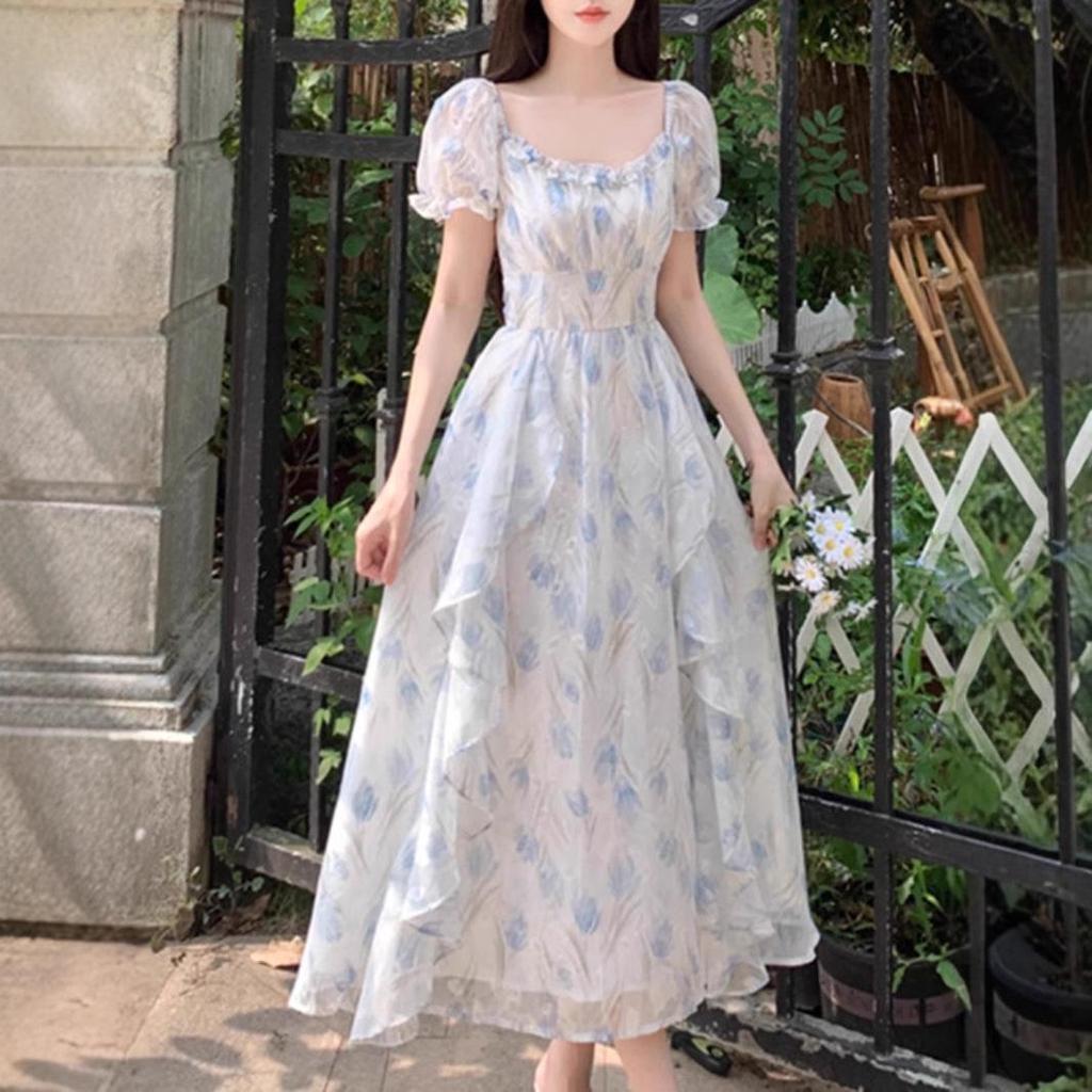 First Love Floral Chiffon Dress - Romantic Square Neck, Elegant Waist-Cinched, Slimming Design, Plus Size Fairy Summer Long Dress for Women
