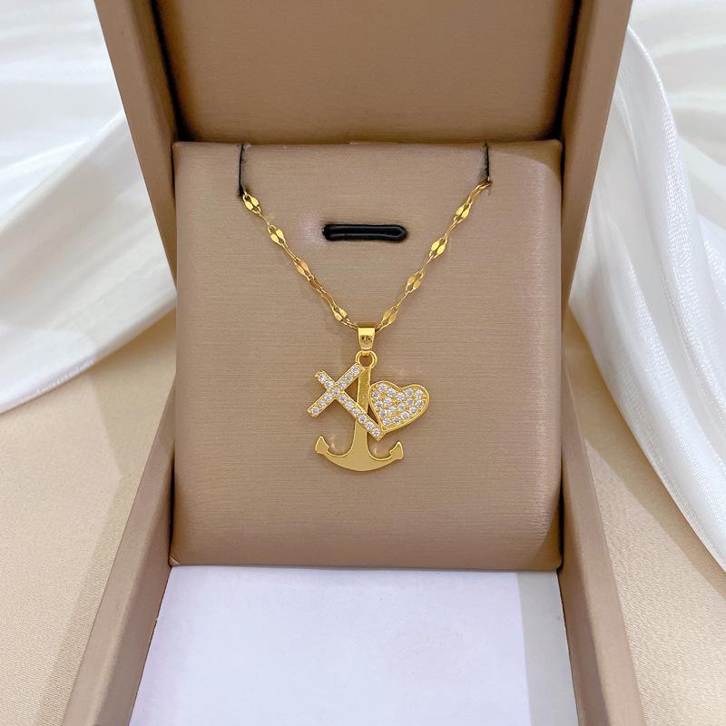 Anchor Cross Light Luxury Temperament Gorgeous Full Diamond Necklace Women'S Versatile Collarbone Chain Titanium Steel Chain