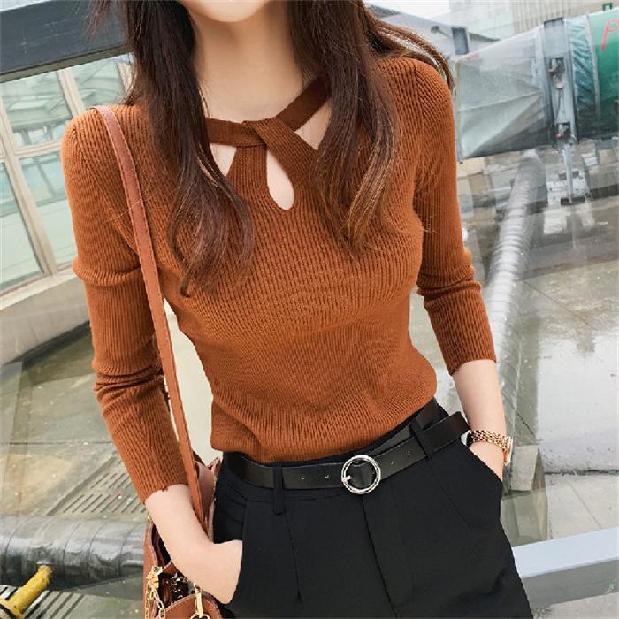 Autumn Cutout Halter Neck Knitted Pullover - Women's Slimming Long Sleeve Sweater